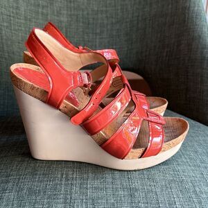 Coach Fran Wedge Ankle Strap Sandals Women sz 7 orange platform patient leather